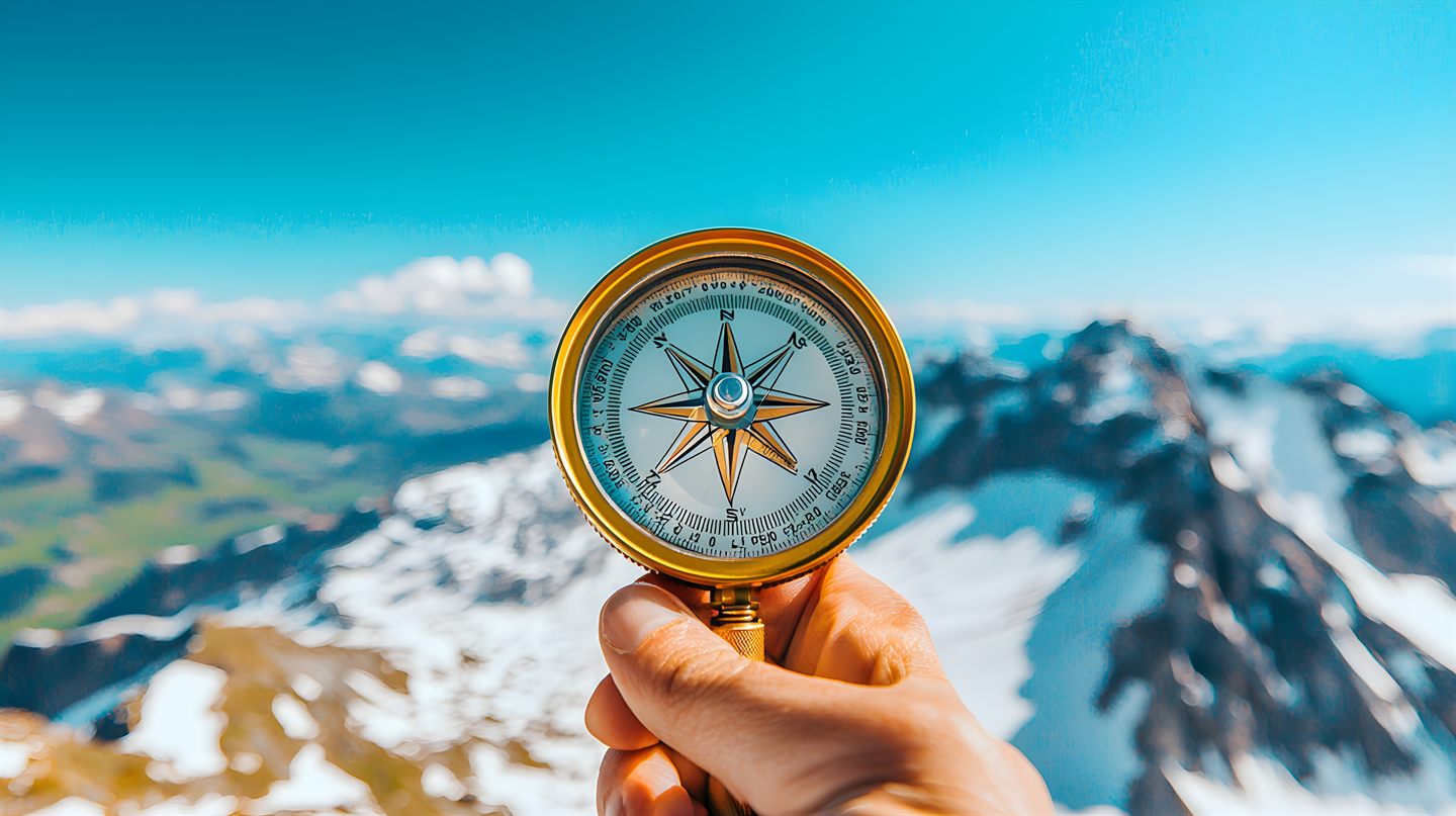 A compass held against a mountain range: direction before speed