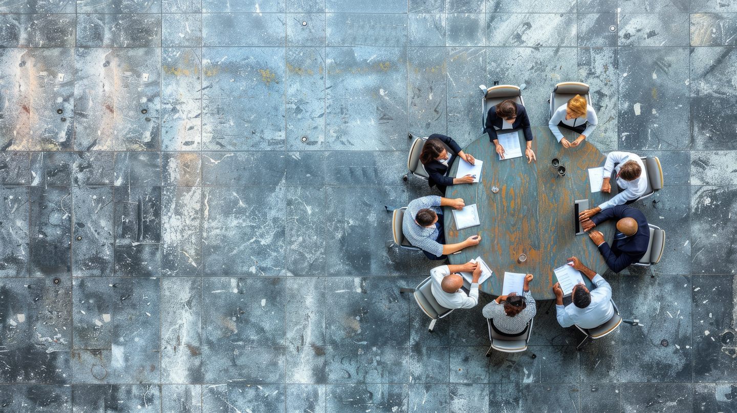 A leadership team deliberating around a conference table, seen from above