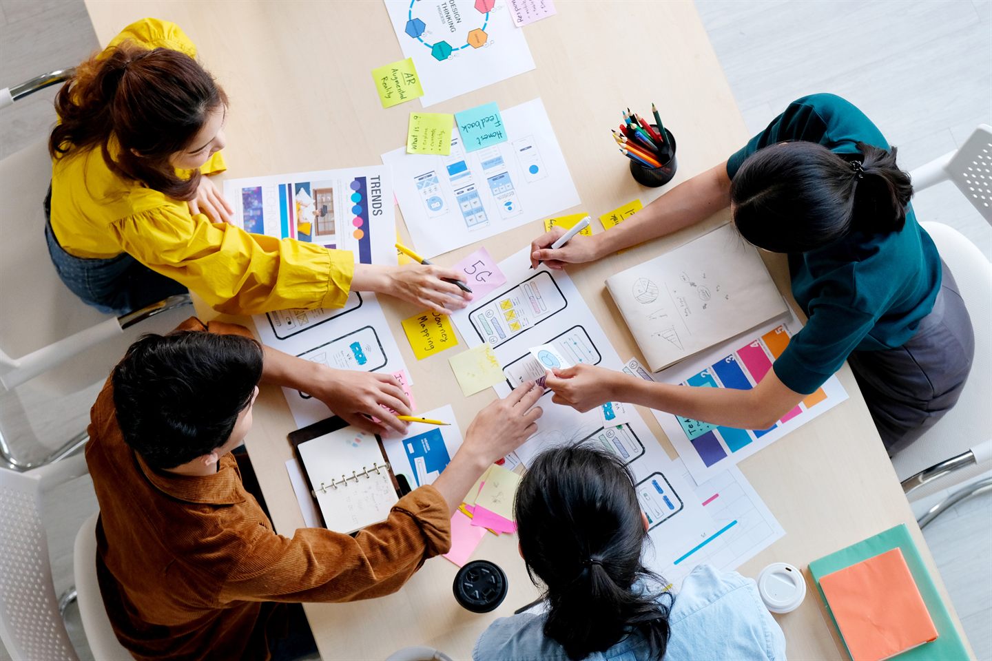 A product team shaping work around a planning table, seen from above