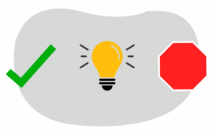 a check mark, light bulb, and stop sign