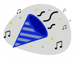 a party popper with confetti coming out and music notes around it