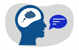 a head talking with a thought bubble in its brain