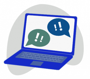 a blue laptop with two text bubbles that have exclamation marks