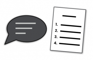 a grey speech bubble accompanied by a document numbered 1-4