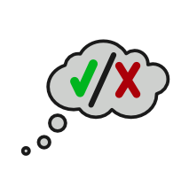 a grey thinking cloud with a green check mark and a red x