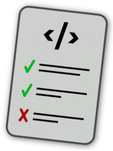 a grey paper with a code symbol on top with a green check mark next to filler text followed by a red x next to filler text