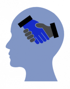 a purple head with two hands shaking