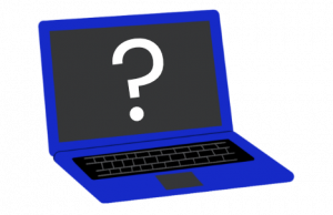 a blue laptop with a question mark on its screen