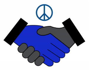 a blue and grey hand shaking with a peace sign above them