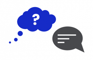 a blue thought bubble with a question mark in it accompanied by a grey bubble with lines in it