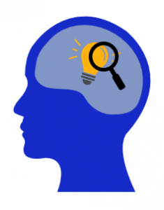 a blue head with a lightbulb and magnifying glass in it