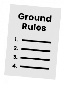 a light grey paper with "ground rules" in black text followed by a list numbered 1-4