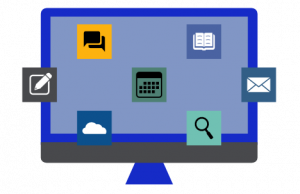 a blue computer monitor with small squares coming out of it that have icons of programs