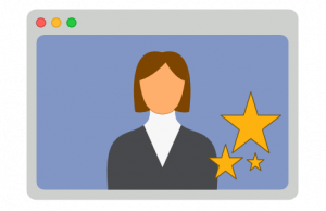 a computer window with a woman in it accompanied by three yellow stars