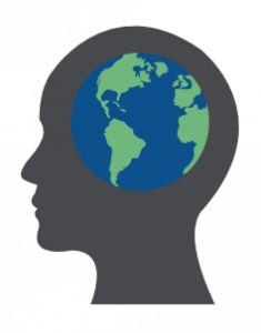 a grey head with a world in it