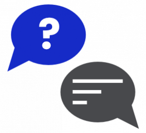 a blue dialogue bubble with a question mark and a grey dialogue bubble with lines