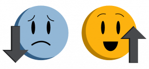 a sad face with a down arrow and a happy face with an up arrow