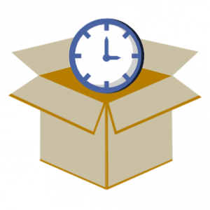 a cardboard box with a clock coming out of it