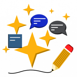 an illustration of shine with a post it, dialogue bubbles, and a pencil